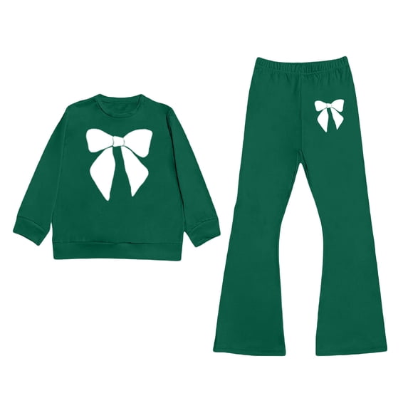 Wxolcjlv Girls Outfits Bow Print Long Sleeve Sweatshirt and Flared Pants Sets, Sizes 3-10