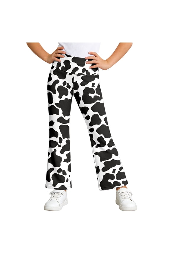 Girls Stretch Leggings Cow Print High Rise Workout Flared Pants, Sizes 1-14Y