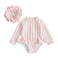 thumbnail image 1 of Wxolcjlv Girls Striped One-Piece Rash Guard Beach Zipper Long Sleeve Swimwear with Cap, Sizes 3M-3T, 1 of 4