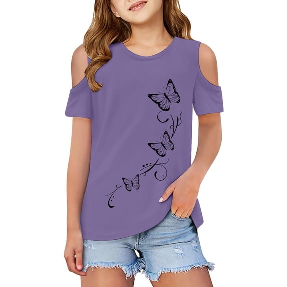 Wxolcjlv Girls Summer Cold Shoulder Tee Casual Butterfly Print Short Sleeve T Shirt, Sizes 3-12