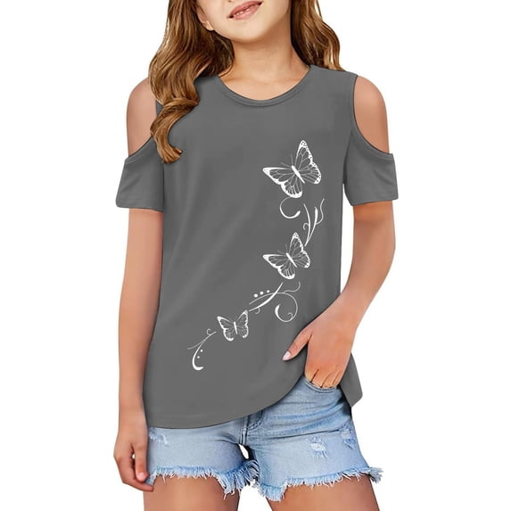Wxolcjlv Girls Summer Cold Shoulder Tee Casual Butterfly Print Short Sleeve T Shirt, Sizes 3-12