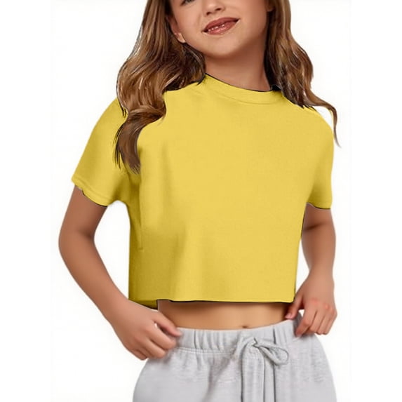Wxolcjlv Girls Summer Cropped T Shirt Casual Solid Crew Neck Short Sleeve Tee, Sizes 5-14