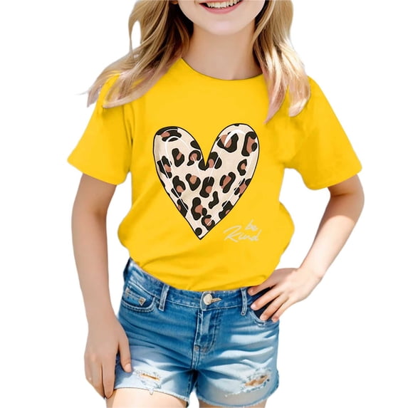 Wxolcjlv Girls Summer Fashion T Shirt Casual Leopard Heart Print Short Sleeve Tee, Sizes 3-13
