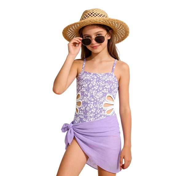 Wxolcjlv Girls Summer Hollow Out One-Piece Swimsuit Set Beach Swimwear with Cover Up, Sizes 7-16