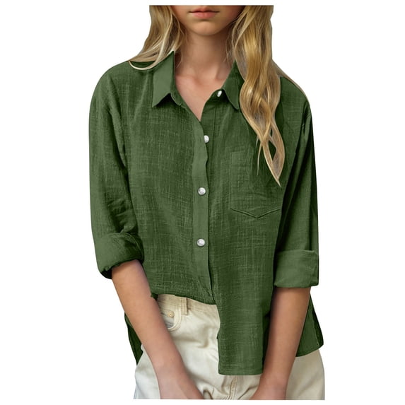 Wxolcjlv Girls Summer Linen Buttons Up Shirt Casual Solid Long Sleeve Shirt, Sizes 5-14