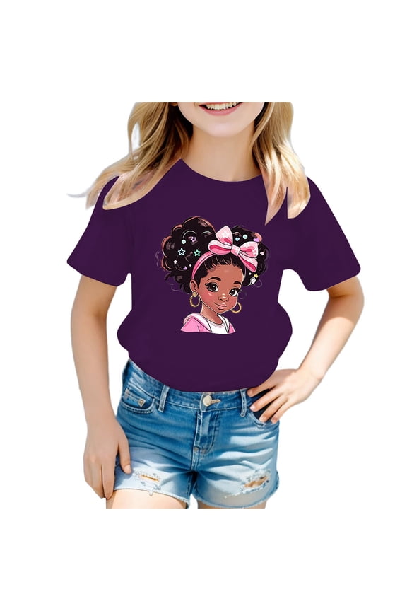 Girls Summer Sweet Short Sleeve T Shirt Casual Cartoon Print Crewneck Tee, Sizes 3-14