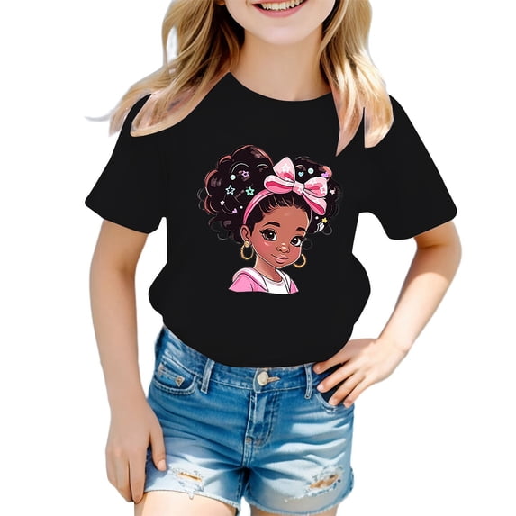 Wxolcjlv Girls Summer Sweet Short Sleeve T Shirt Casual Cartoon Print Crewneck Tee, Sizes 3-14
