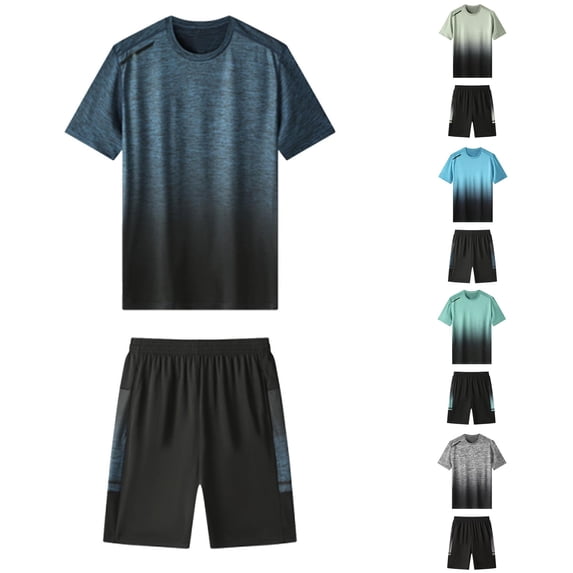 Wxolcjlv Gradient Print Outfit Set for Men Short Sleeve Crew Neck Sport Outfit Activewear