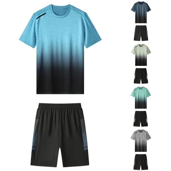 Wxolcjlv Gradient Print Outfit Set for Men Short Sleeve Crew Neck Sport Outfit Activewear