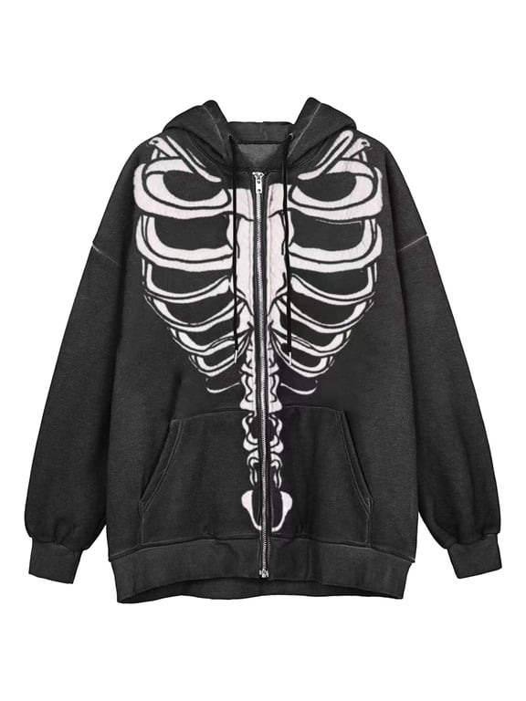 Halloween Gothic Zip Up Hoodies for Women Skeleton Print Long Sleeve Pullover Jacket Casual Sweatshirt with Pocket