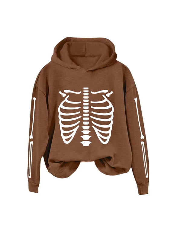 Halloween Womens Pullover Drawstring Hoodie Skeleton Ribcage Full Print Long Sleeve Gothic Festive Hooded Jacket with Pocket