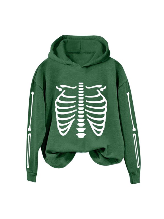 Halloween Womens Pullover Drawstring Hoodie Skeleton Ribcage Full Print Long Sleeve Gothic Festive Hooded Jacket with Pocket