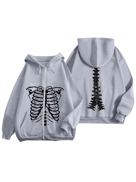 Halloween Womens Zip-Up Drawstring Hoodie Full Body Skeleton Print Long Sleeve Gothic Festive Hooded Jacket with Pocket