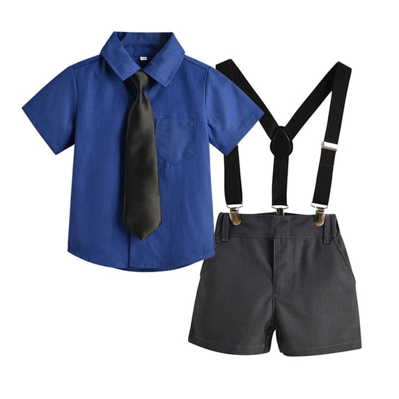 Wxolcjlv Infant Boys Formal Outfits Bow-Tie Plaid Short Sleeve Shirt Suspenders Shorts 3Pc Set