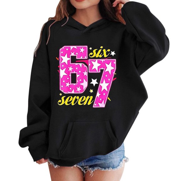Wxolcjlv Kids 67 Hoodie Boys Girls Funny Six Seven Number Printed 67 Meme Pocket Jacket Winter Long Sleeve Funny Sweatshirt Hooded，Size 11-12Years