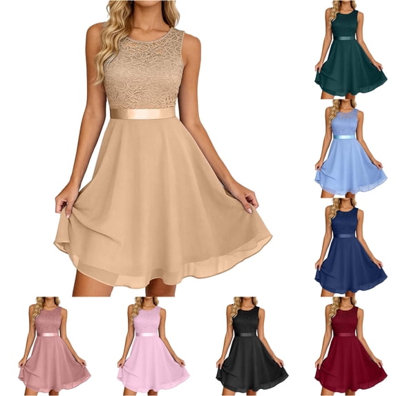 Wxolcjlv Lace Chiffon Mini Dress for Women Sleeveless Waist Band Flared Hem Party Gown