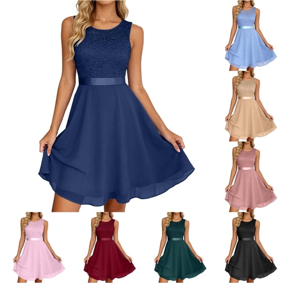 Wxolcjlv Lace Chiffon Mini Dress for Women Sleeveless Waist Band Flared Hem Party Gown