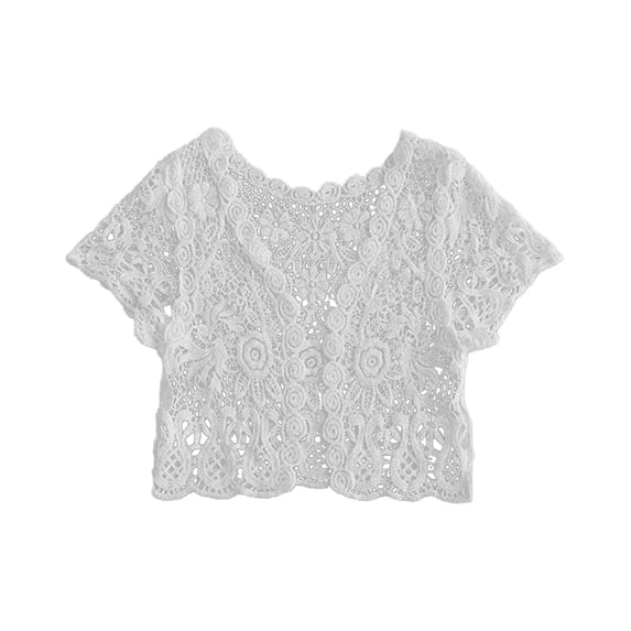 Wxolcjlv Lace Crochet Short Sleeve Cardigan for Women Cropped Length Beach Casual Summer Cover Up