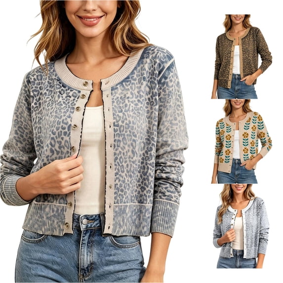 Wxolcjlv Leopard Print Button Front Cardigan For Women Daily Outing Casual Knit Outerwear