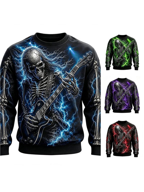 Lightning Skeleton Guitar Print Sweatshirts for Men Long Sleeve Pullover Tops