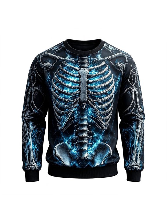 Lightning Skeleton Print Sweatshirts for Men Long Sleeve Pullover Tops