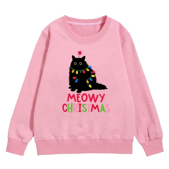 Wxolcjlv Little Girls Christmas Cat Print Crewneck Sweatshirt Winter Long Sleeve Casual Pullover Top, Sizes 3-10