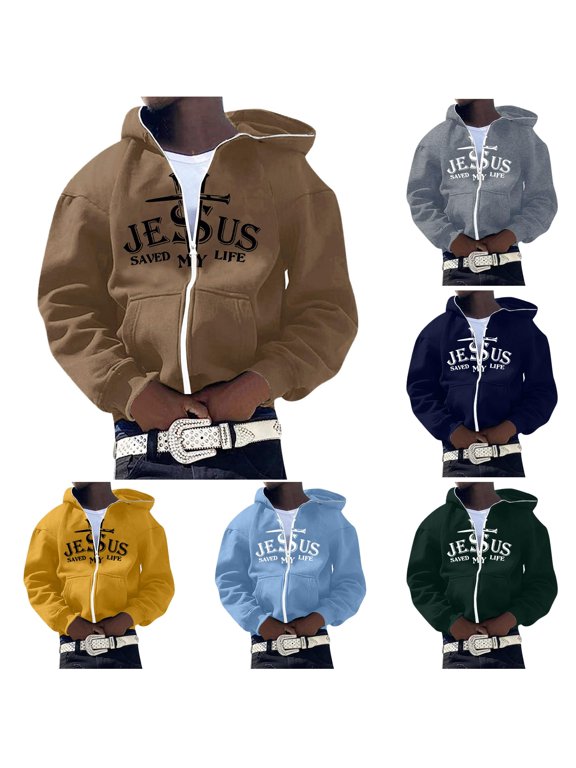 Men Text Cross Print Zip Up Hoodie Full Zip Cut Hooded Sweatshirts