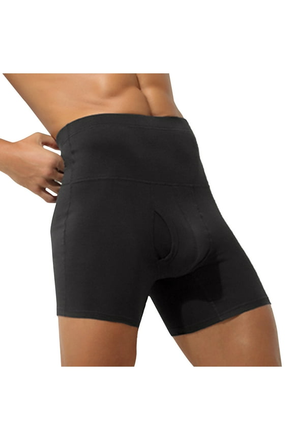 Men's Boxer Briefs High-Waisted Tummy Control Cotton Plus Size Underwear Warm Anti-Chafing Long Sports Boxer Briefs Black L