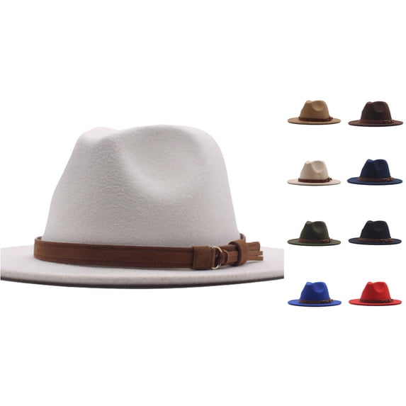 Wxolcjlv Men's Felt Wide Brim Fedora Hat Adjustable Strap Decor Casual Outdoor Panama Headwear