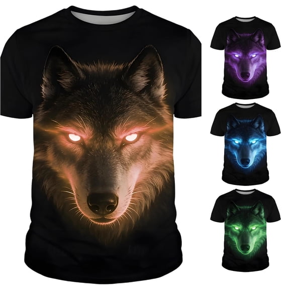 Wxolcjlv Men's Glowing Wolf Print Short Sleeve T Shirt Crew Neck Regular Fit Daily Wear Pullover Tee