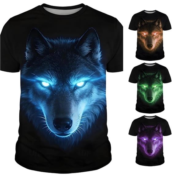 Wxolcjlv Men's Glowing Wolf Print Short Sleeve T Shirt Crew Neck Regular Fit Daily Wear Pullover Tee