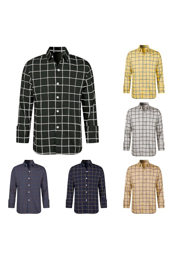 Men's Hand Drawn Grid Print Long Sleeve Shirt Turn Down Collar Loose Fit Minimal Daily Button Up Blouse