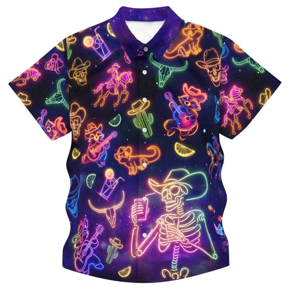 Wxolcjlv Men's Neon Western Graphic Shirts Turn Down Collar Short Sleeve Casual Tops Summer Beach Party Wear Button Down Shirts