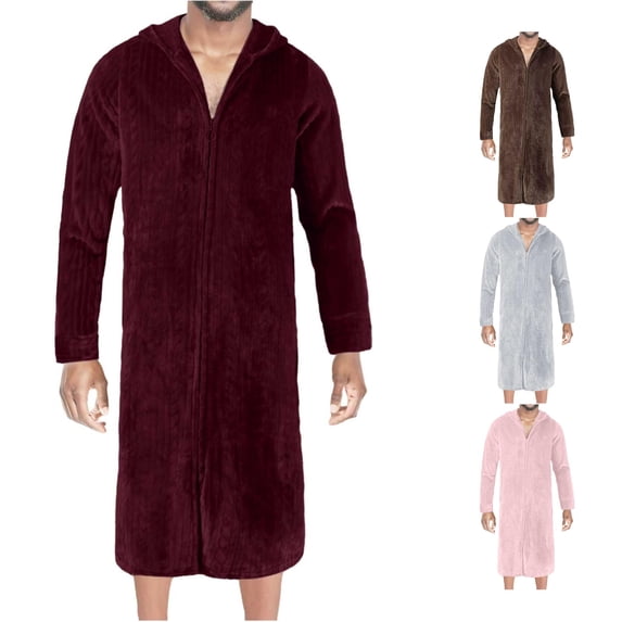 Wxolcjlv Men's Solid Robe Hooded Zip Front Long Sleeve Fleece Nightgown With Side Pockets