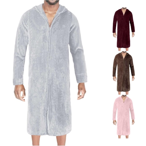 Wxolcjlv Men's Solid Robe Hooded Zip Front Long Sleeve Fleece Nightgown With Side Pockets