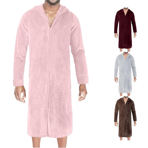 Wxolcjlv Men's Solid Robe Hooded Zip Front Long Sleeve Fleece Nightgown With Side Pockets