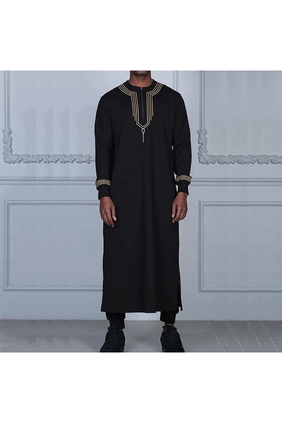 Men's T-Shirts Long Sleeve Muslim Thobe Kaftan Tee Tops Winter Embroidered Dubai Arab Casual Gown T Shirts
