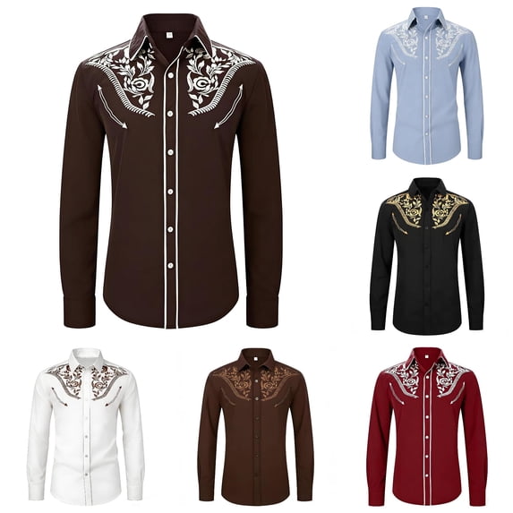 Wxolcjlv Men's Western Rose Embroidered Cowboy Shirt Turn Down Collar Long Sleeve Vintage Rodeo Button Up Blouse