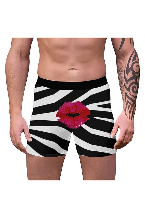 Mens Boxer Briefs Valentine's Day Zebra-Stripe & Lip Print Pattern Underwear Brief Sexy Creative Pattern Festive Celebration Gift Underwear
