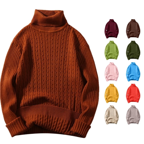 Wxolcjlv Mens Cable Knit Turtleneck Sweater Long Sleeve Ribbed Relaxed Fit Daily Wear Sweaters