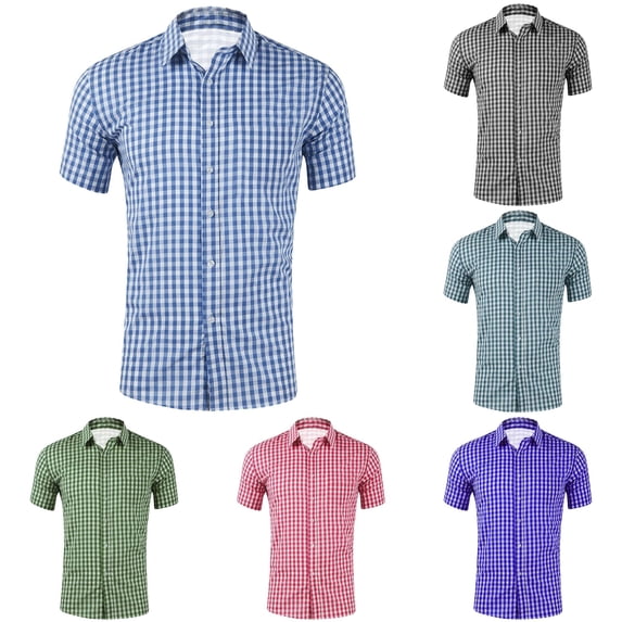 Wxolcjlv Mens Gingham Check Short Sleeve Button Down Shirts Regular Fit Outdoor Wear Soft Woven Fabric Dress Tops