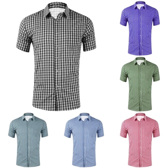Wxolcjlv Mens Gingham Check Short Sleeve Button Down Shirts Regular Fit Outdoor Wear Soft Woven Fabric Dress Tops