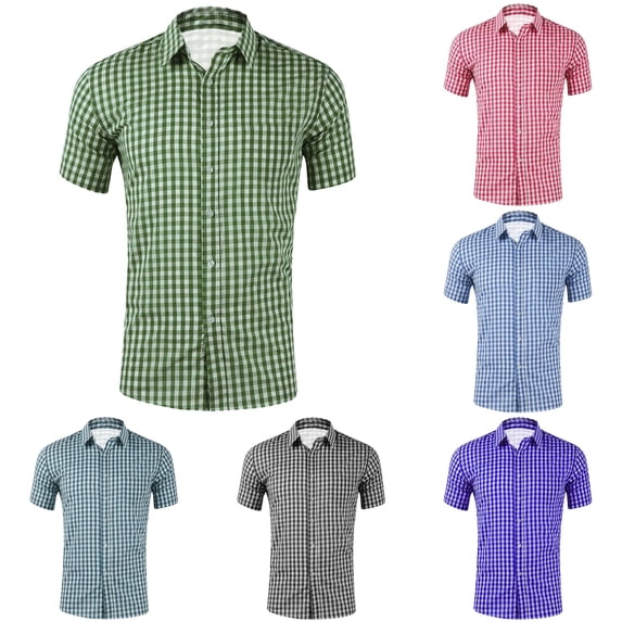 Wxolcjlv Mens Gingham Check Short Sleeve Button Down Shirts Regular Fit Outdoor Wear Soft Woven Fabric Dress Tops