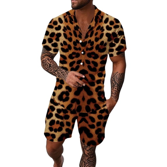Wxolcjlv Mens Leopard Print Camp Collar Set Short Sleeve Shirt Shorts