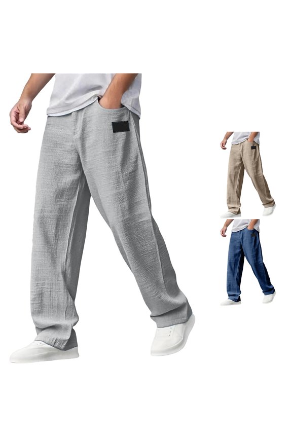 Mens Square Label Textured Pants Side Pocket Relaxed Fit Street Daily Trousers