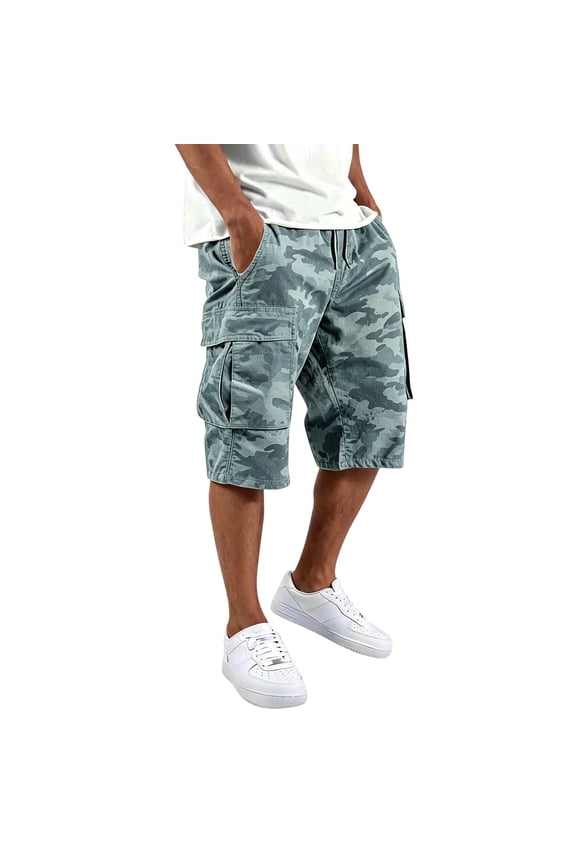 Mens Teal Camo Cargo Capri Shorts Drawstring Waist Lightweight Outdoor Trunks