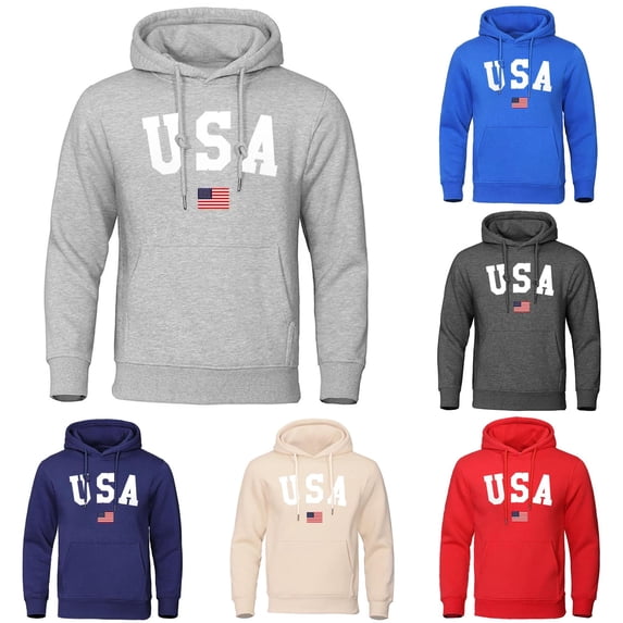 Wxolcjlv Mens USA Flag Graphic Hoodie Long Sleeve Drawstring Pocket Daily Casual Hooded Sweatshirts