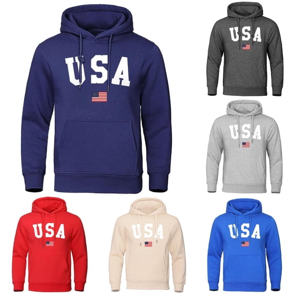 Wxolcjlv Mens USA Flag Graphic Hoodie Long Sleeve Drawstring Pocket Daily Casual Hooded Sweatshirts