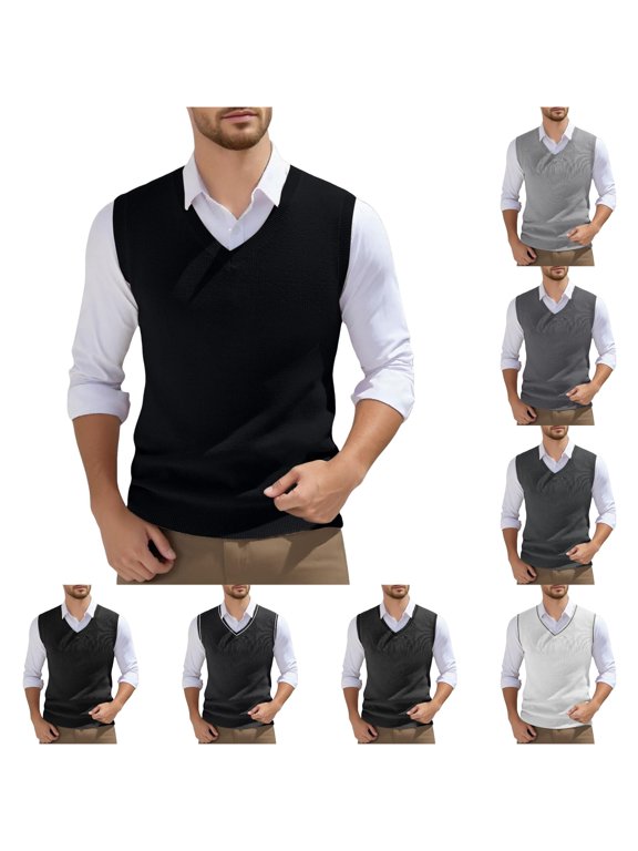 Mens V‑Neck Sleeveless Knit Vest Ribbed Trim Pullover Sweater Tank