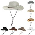 thumbnail image 1 of Wxolcjlv Mens Wide Brim Straw Cowboy Hat Adjustable Chin Strap Braided Band Sun Protective Outdoor Headwear Cap, 1 of 3